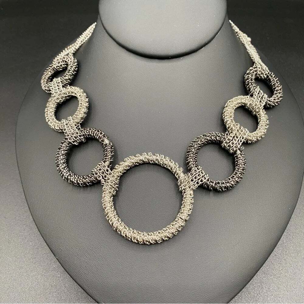Brutalist Metalwork Silver Chain Woven Ring Necklace in Gunmetal and Silver